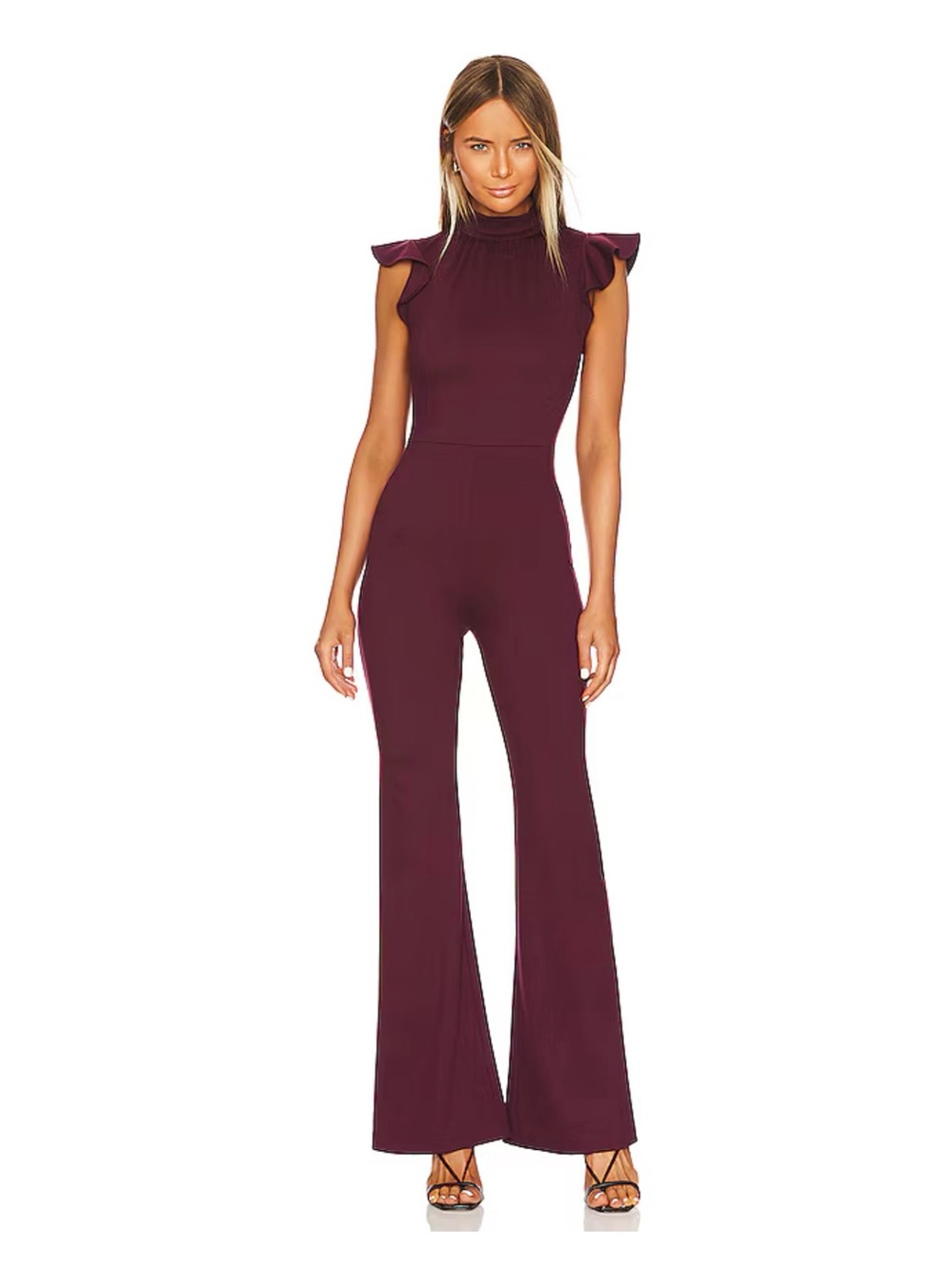 Amanda Uprichard Burgundy Ruffle Shoulder High-Neck Jumpsuit